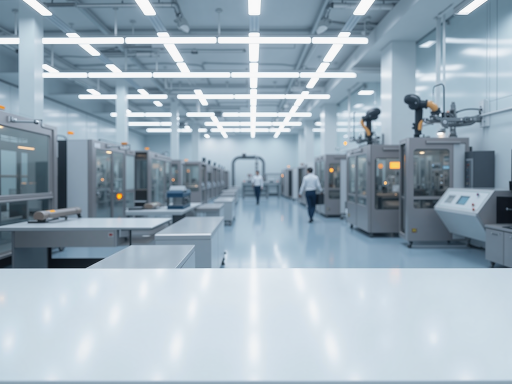 Modern drone manufacturing facility with advanced equipment, clean room environment, and professional engineers working on assembly line